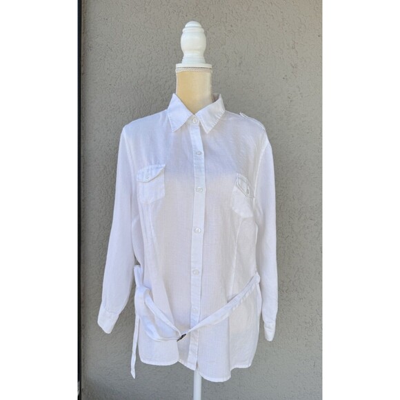 Chaus Tops - Chaus XL 100% Organic Linen Shirt 3/4 Roll Tab Sleeve Belted Tunic White Pockets